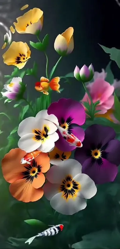 Vibrant wallpaper with koi fish and colorful pansies.