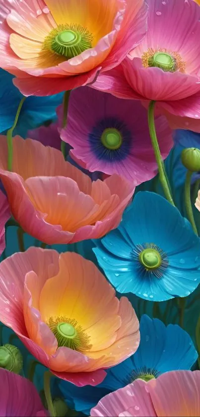 Vibrant artistic wallpaper with colorful floral blooms.