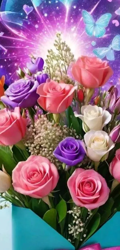 Vibrant floral wallpaper with colorful roses and butterflies in fantasy style.