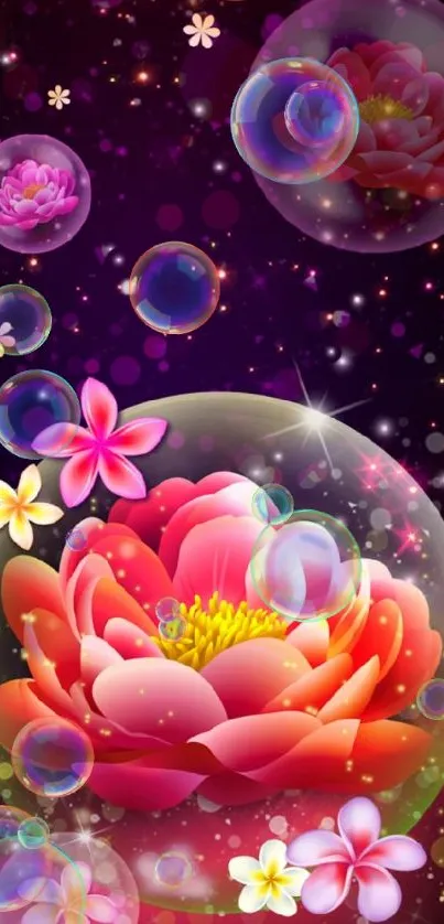 Vibrant floral wallpaper with colorful flowers and cosmic bubbles.