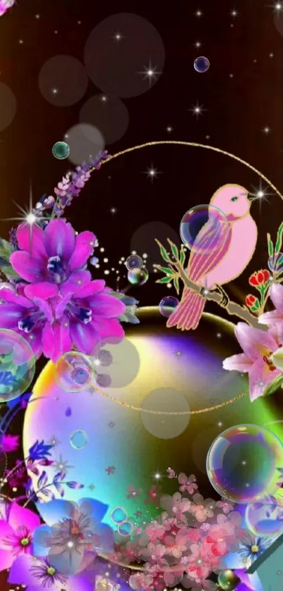 Vibrant floral wallpaper with a whimsical bird and colorful flowers.