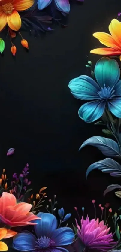Vibrant floral designs on a black background.