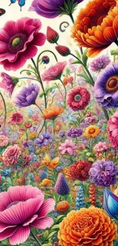 Colorful floral fantasy wallpaper with butterflies and vibrant blooms.