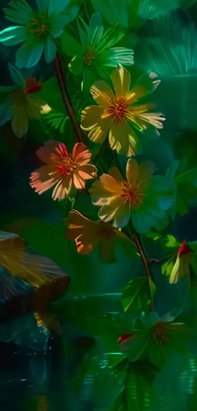 Vibrant floral fantasy mobile wallpaper with green hues.