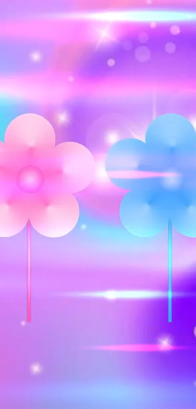 Pink and blue flowers on a dreamy purple background