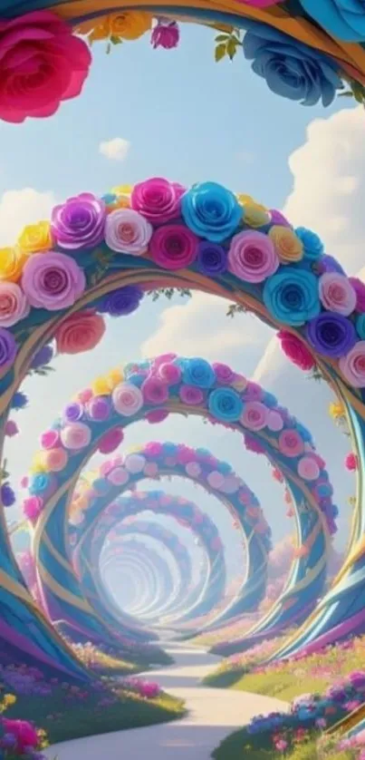 Colorful floral arches in a fantasy landscape wallpaper.