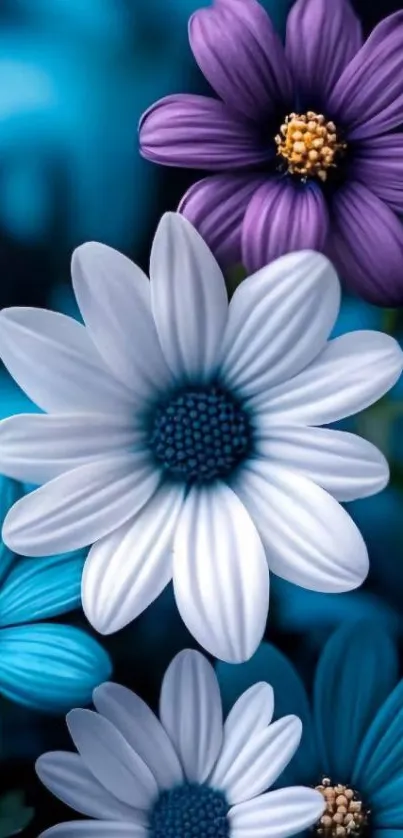 Colorful floral wallpaper with blue and purple blooms.