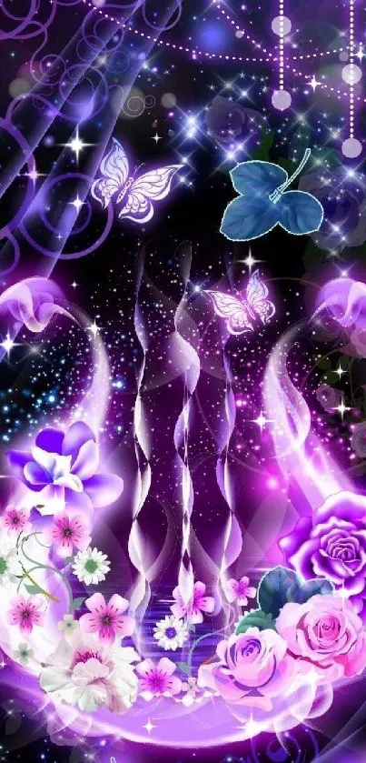 Purple floral fantasy wallpaper with butterflies and glowing stars.