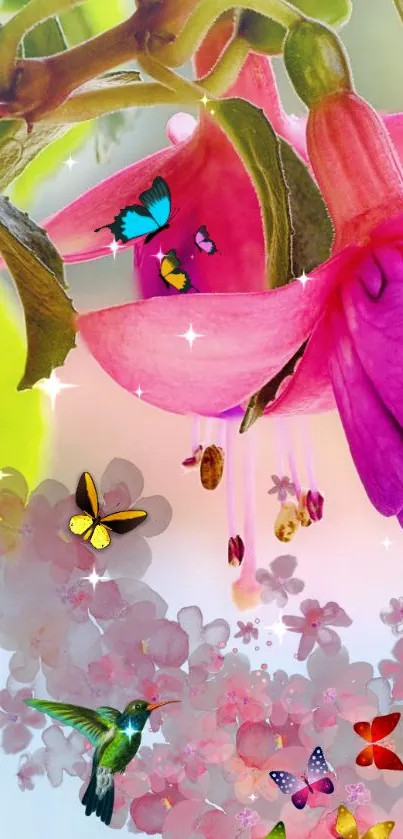 Colorful butterflies around vibrant pink fuchsia flower.