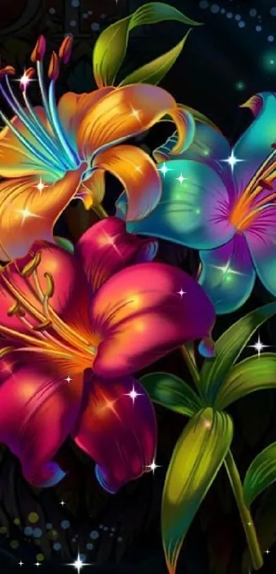 Vibrant lilies with neon colors on a dark background.