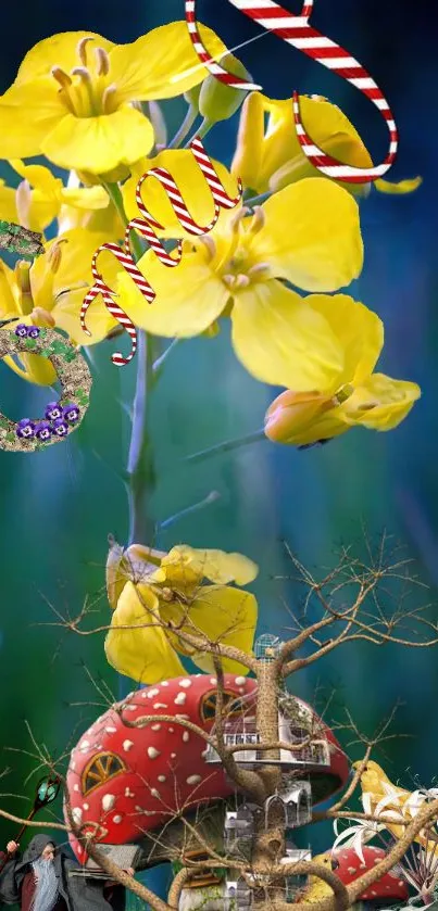 Yellow flowers with fantasy elements on a vibrant wallpaper.