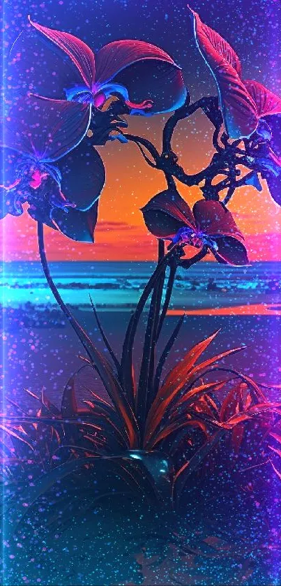 Neon flowers with a vibrant sunset fantasy landscape.