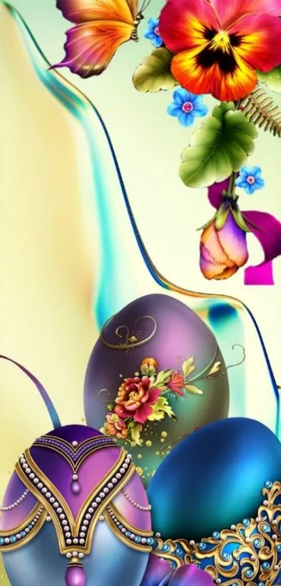 Colorful butterfly and floral Easter egg mobile wallpaper.