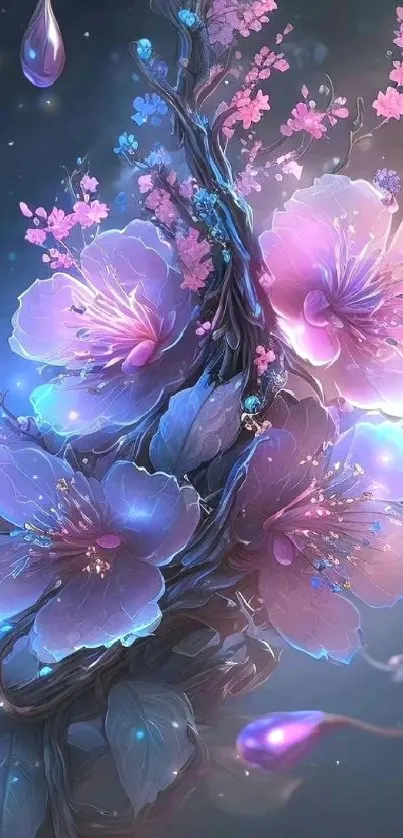 Vibrant floral fantasy wallpaper with pink and purple blooms on a blue background.