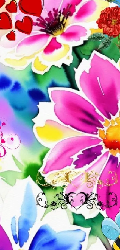 Colorful floral wallpaper with hearts and a bee.