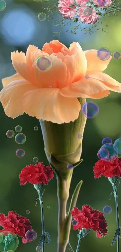 Orange carnation with bubbles and red blossoms on a green background.