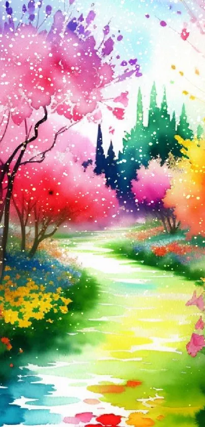 Vibrant watercolor landscape with pink flowers and trees.