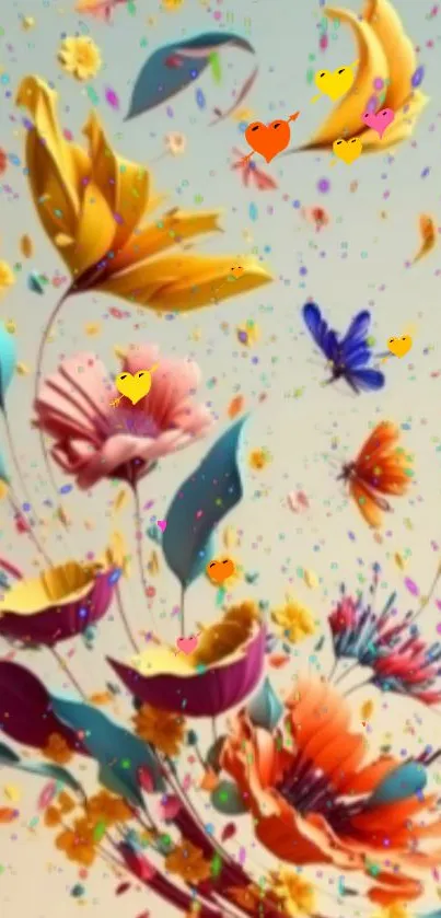 Vibrant floral wallpaper with colorful flowers, butterflies, and floating hearts.