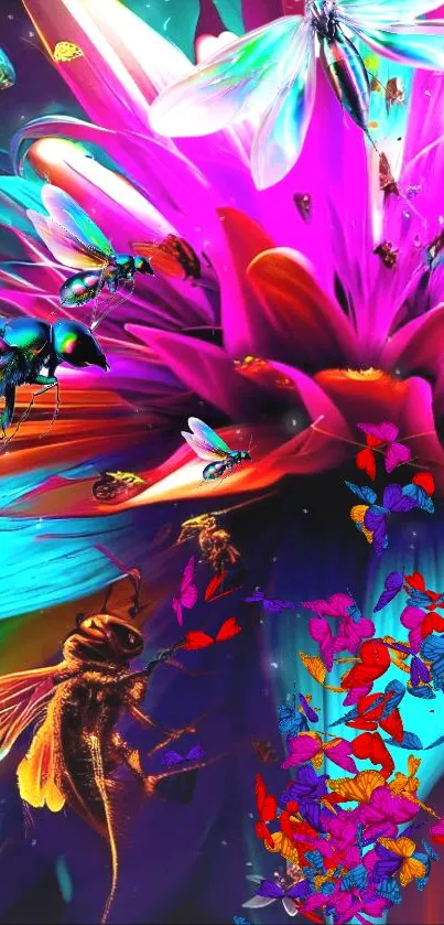 Vibrant neon floral wallpaper with butterflies
