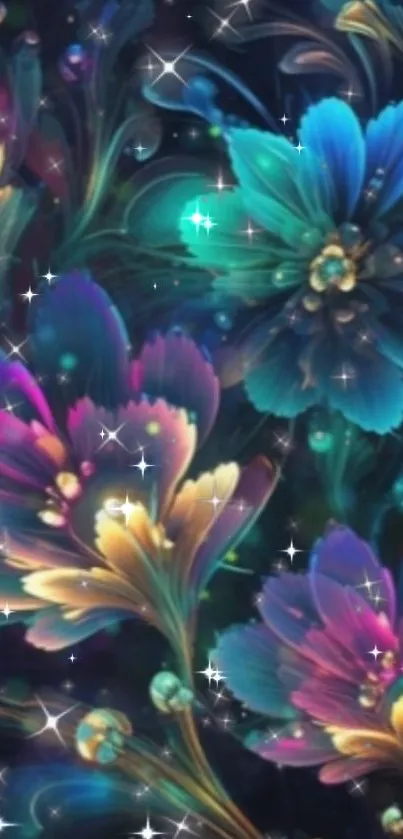 Vibrant floral fantasy wallpaper with colorful flowers and stars.