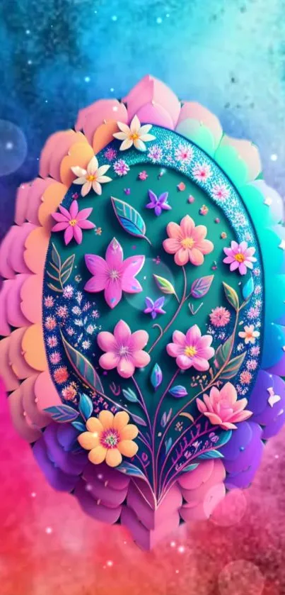 Colorful 3D flower design wallpaper with a vibrant gradient.