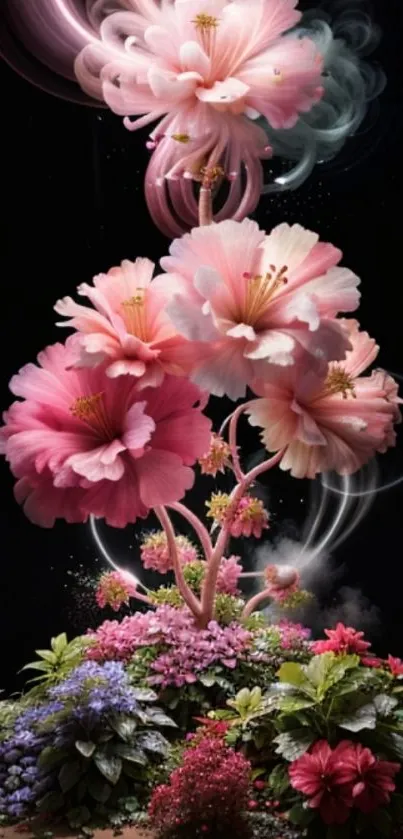 Vibrant pink flowers in a fantasy design on a dark background.