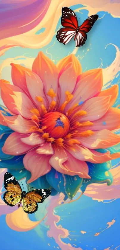 Vibrant flower with abstract swirls on a sky blue background.