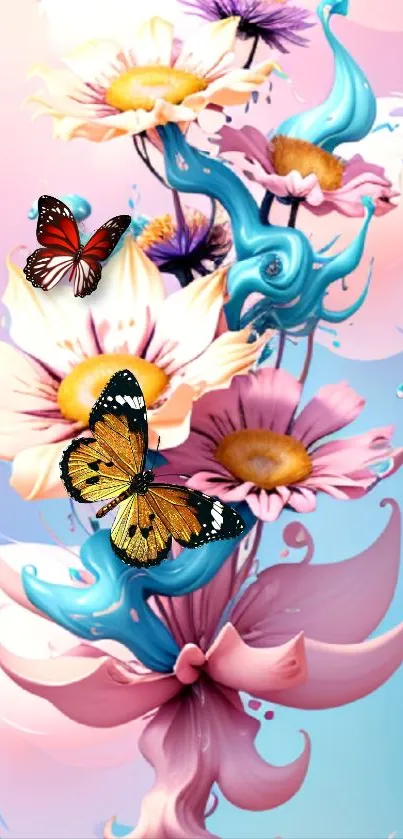 Vibrant, colorful floral design with abstract swirls on a pink background.