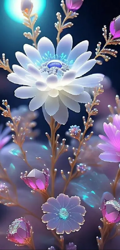 Vibrant floral fantasy wallpaper with glowing blossoms and a mystical background.