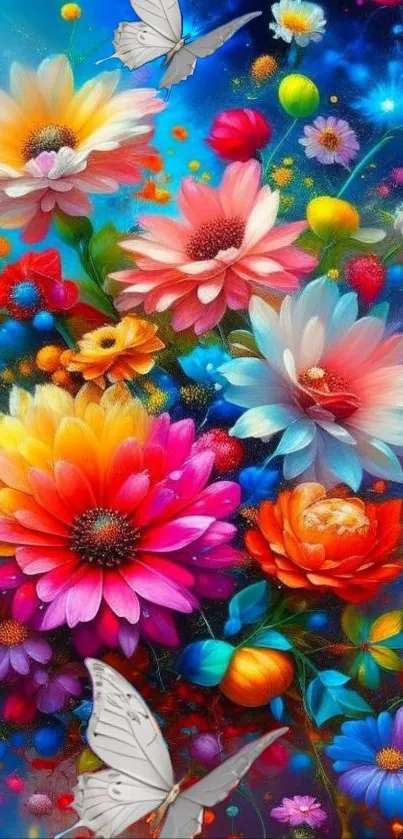 Dynamic floral wallpaper with vibrant, colorful flowers on a deep blue background.