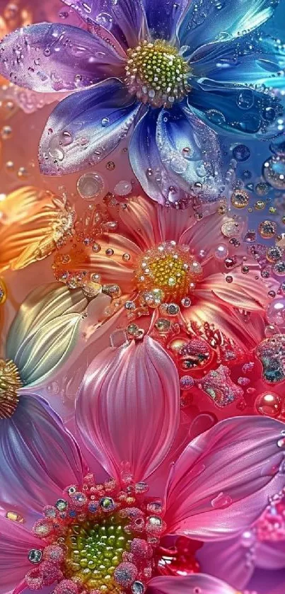 Colorful floral wallpaper with vibrant flowers and dewdrops.