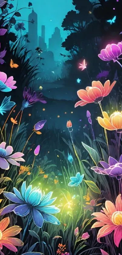 Vibrant floral fantasy mobile phone wallpaper with colorful flowers and mystical lighting.