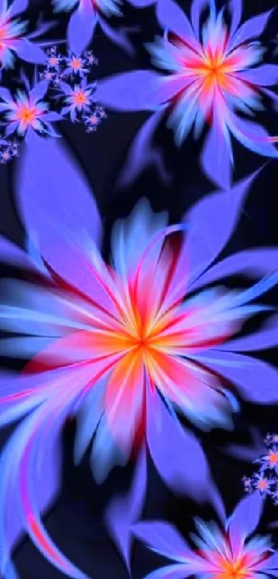 Vibrant abstract flowers with purple petals on a dark background.