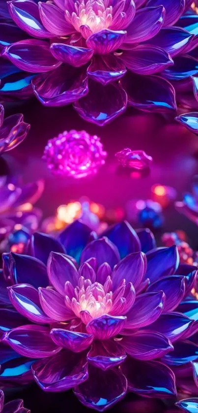 Vibrant purple floral wallpaper with glowing neon petals.