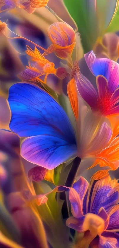 Vibrant floral fantasy wallpaper with vivid blue and orange flowers.