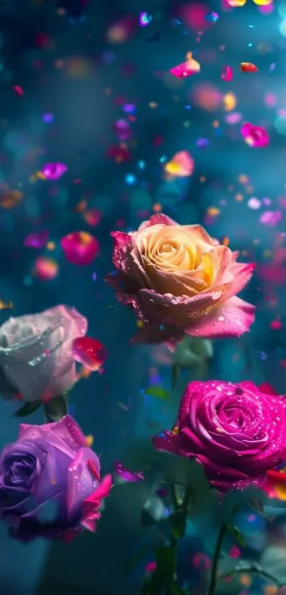 Vibrant roses with colorful petals and a dreamy blue background.