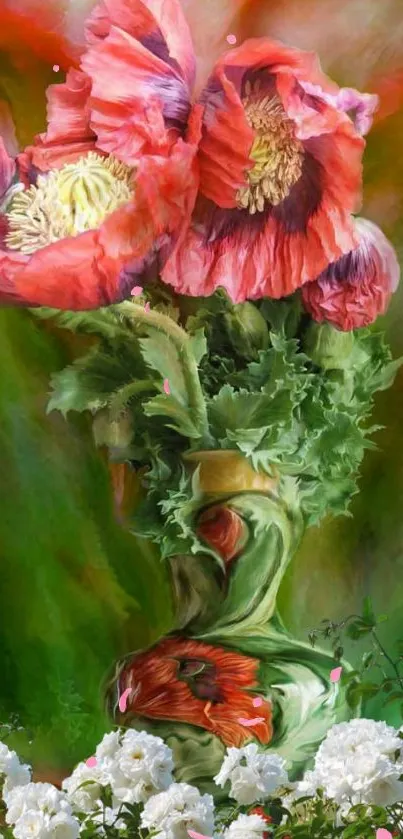 Vibrant floral arrangement with pink flowers and green leaves.