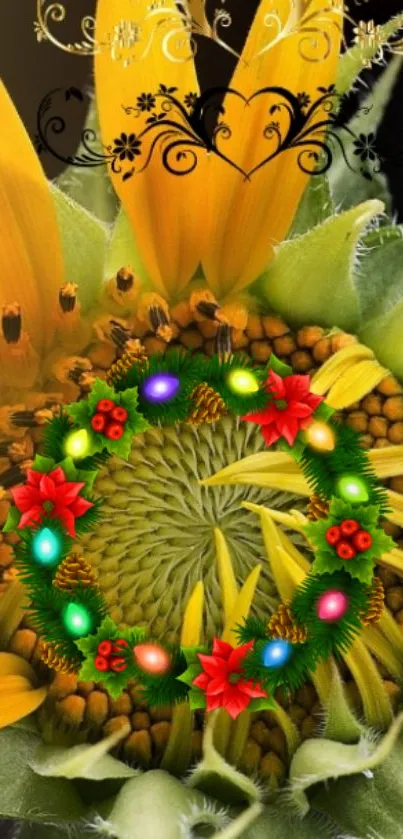 Bright festive floral wallpaper with yellow petals and holiday wreath.