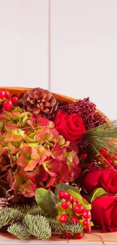 Festive floral wallpaper with red roses and pine decorations.