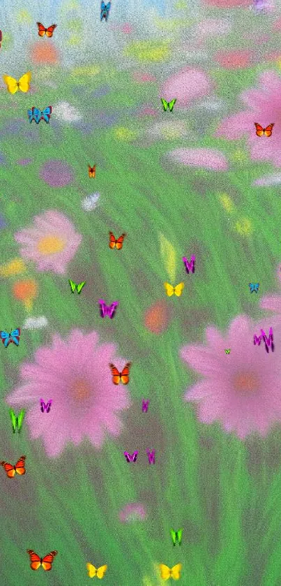 Vibrant floral field with pink flowers and green grass.