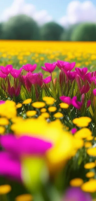 Bright field with pink and yellow flowers in a vibrant natural setting.