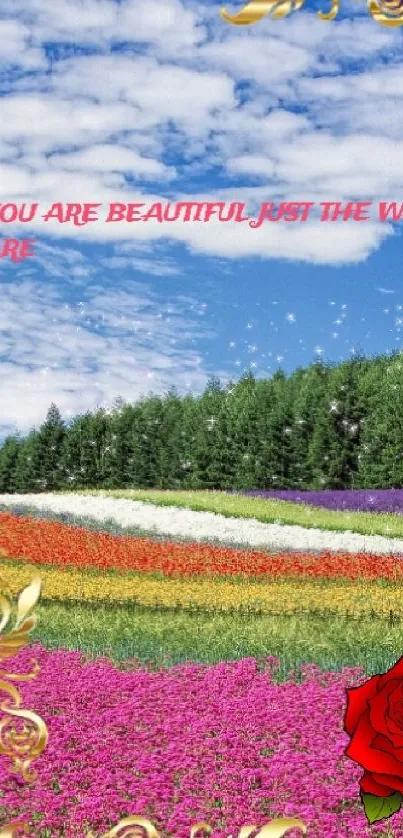 Vibrant flower fields with golden frame and blue sky.