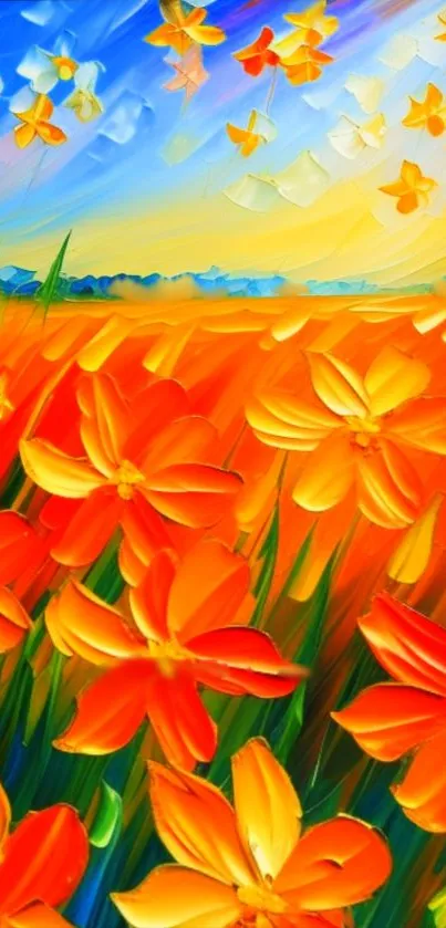 Vibrant orange and yellow floral field with a bright, colorful sky background.