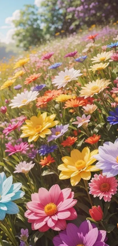 Colorful floral field with daisies and lush greenery, under blue skies.