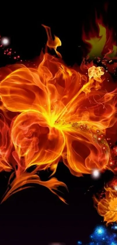 Fiery flower wallpaper with dark background.