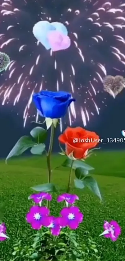 Vibrant flowers with fireworks in the background at night.