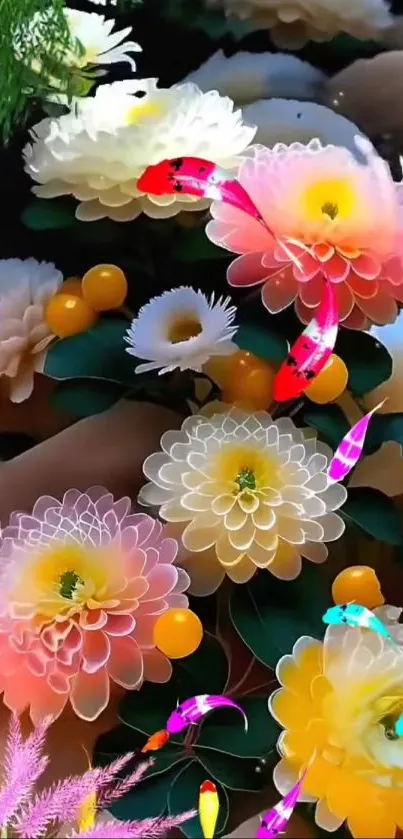 Colorful fish swimming in vibrant flowers