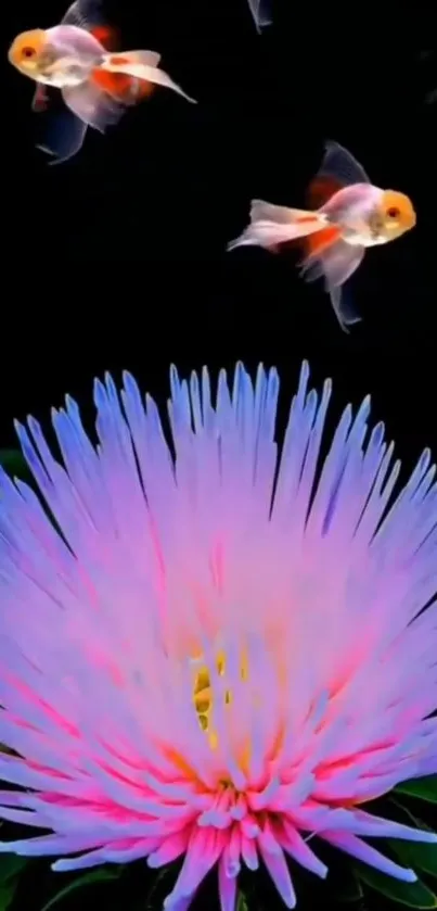 Colorful fish swim above vibrant flowers on black background.