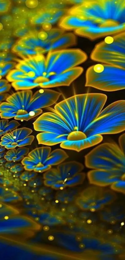 Vibrant blue and yellow floral fractal wallpaper.