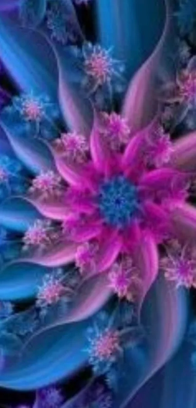 Vibrant floral fractal wallpaper in purple and blue tones, perfect for mobile screens.